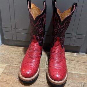 Lucchese 2000 Red Black full Quill Ostrich Cowboy Boots Size 9 Handmade in USA